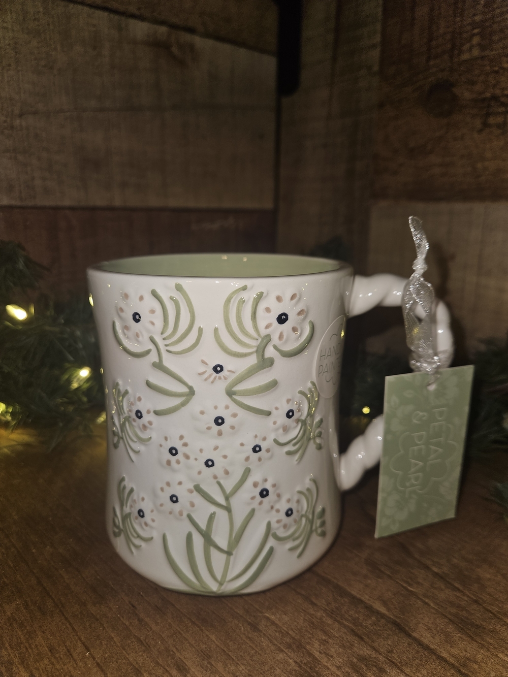 Floral Ceramic Mug in White and Green -